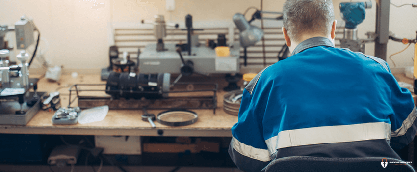 ADL-Locksmith of measuring instruments and automation sits at desk with equipment